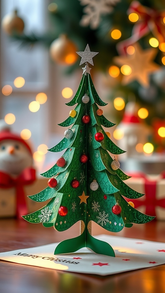 A handmade Christmas card with a decorated paper tree, colorful embellishments, and a festive atmosphere.